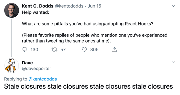 Photo of Tweet by Kent Dodds asking about hooks pitfalls and a snarky response of "stale closures"