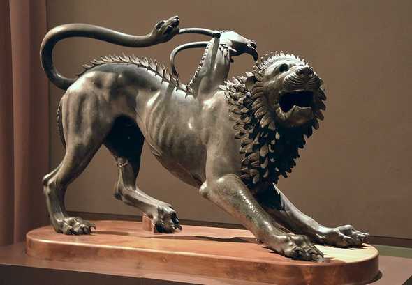 Photo of The Chimera of Arezzo, c. 400 BC, found in Arezzo, an ancient Etruscan and Roman city in Tuscany, Museo Archeologico Nazionale, Florence. By Carole Raddato. From https://www.flickr.com/photos/carolemage/22636282885